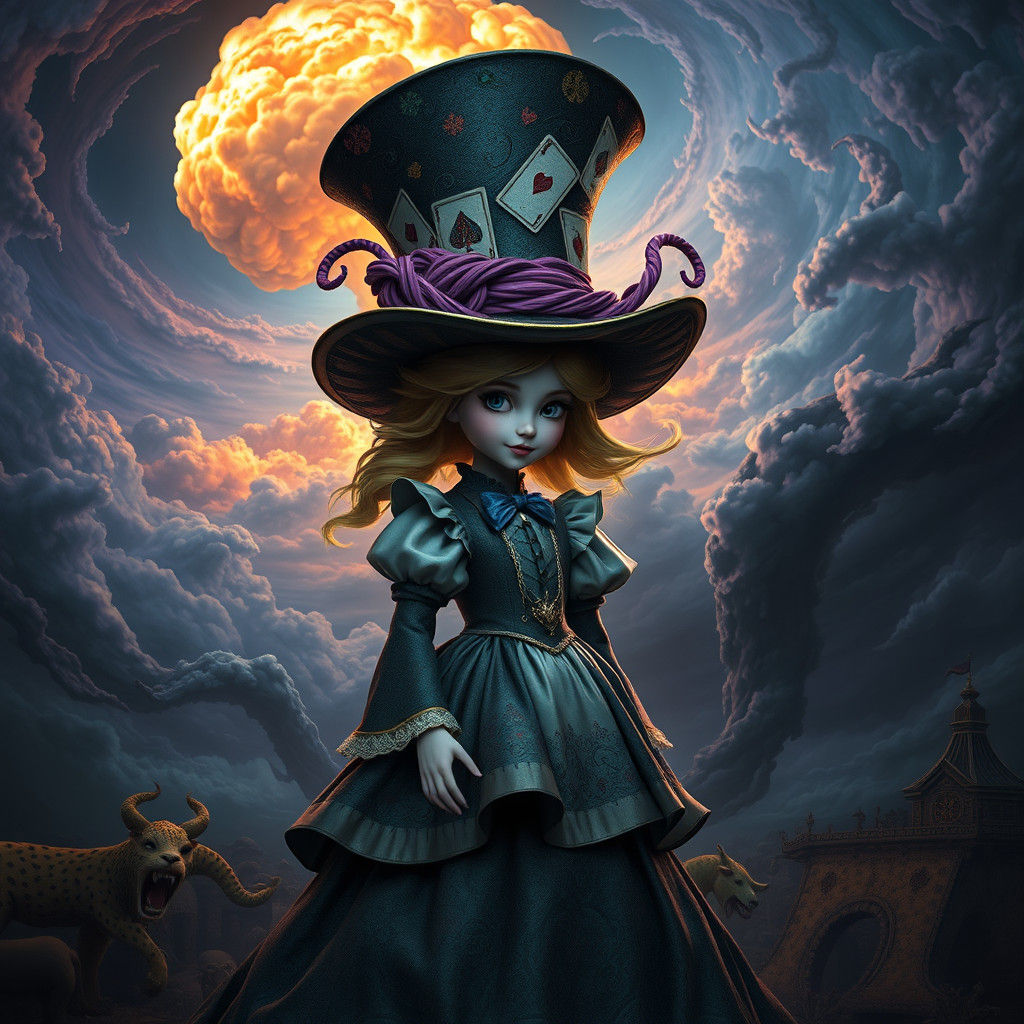 Alice in Wonderland's Ominous Landscape, High-Contrast Art