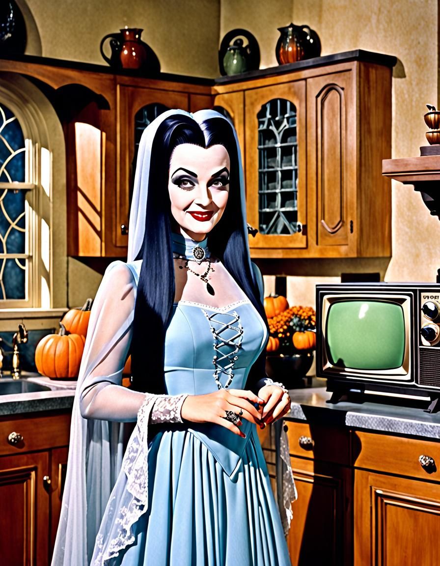 Lily Munster Smiling in Kitchen, Vintage Photography