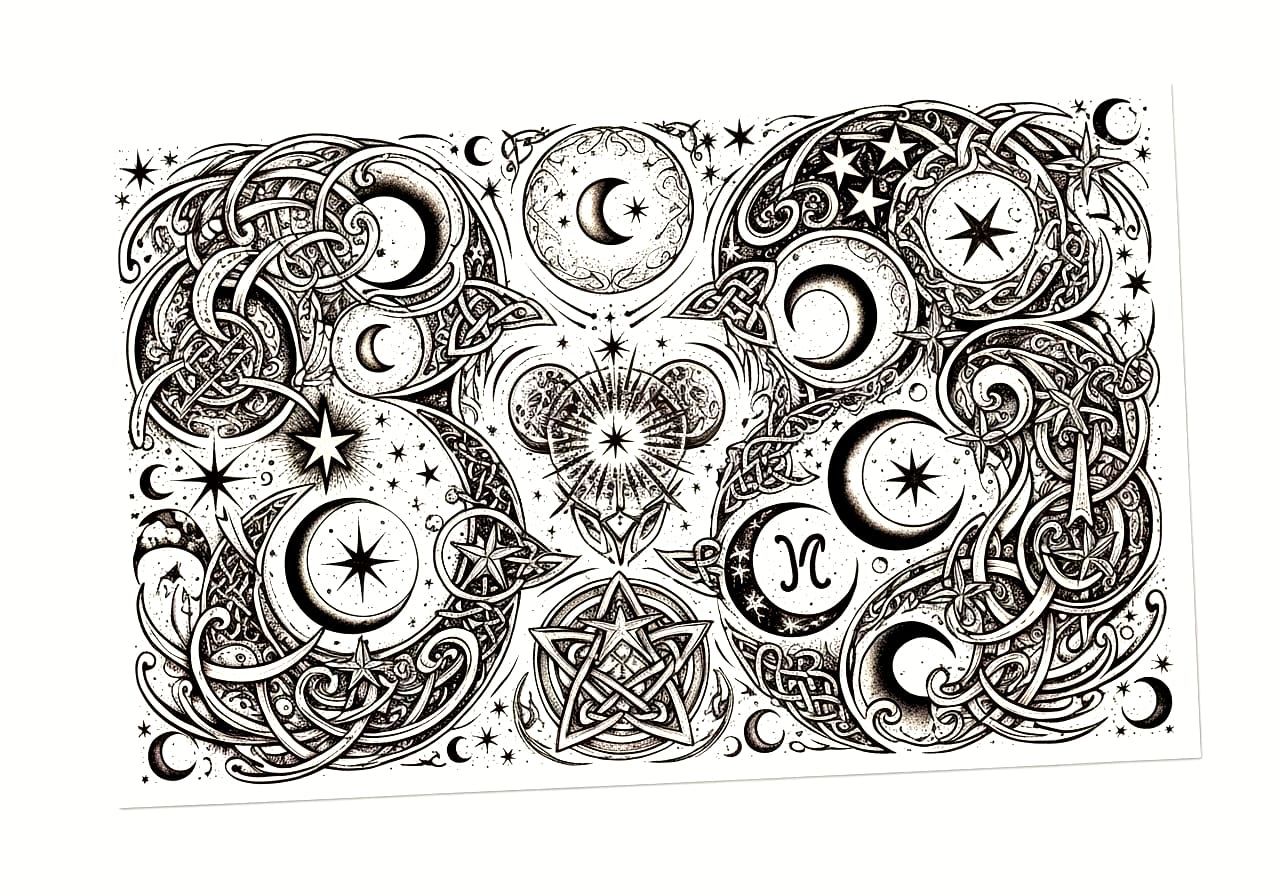Mystical Celestial Tattoo Flash Sheet in Sailor Jerry Style