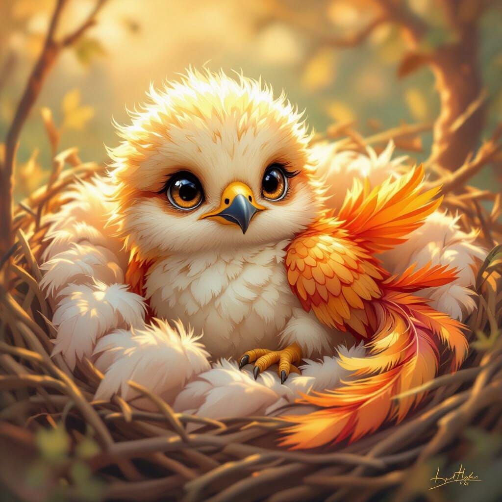 Whimsical Golden Eagle Phoenix Baby in Sunny Nest