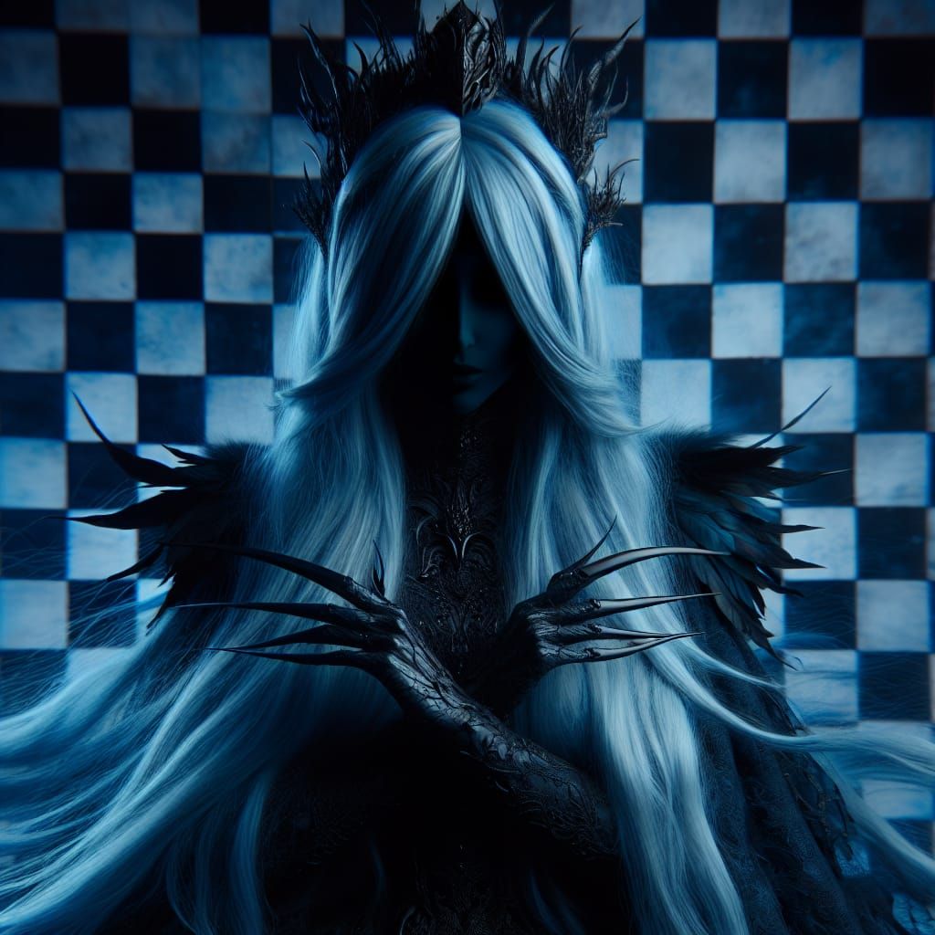 Ethereal Dark Queen With Blue Hair and Checkered Backdrop