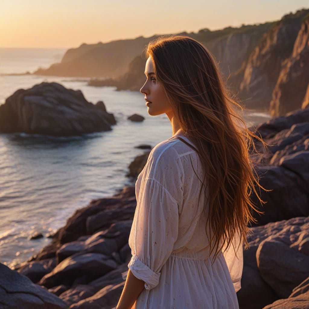 Ethereal Woman on a Twilight Promontory