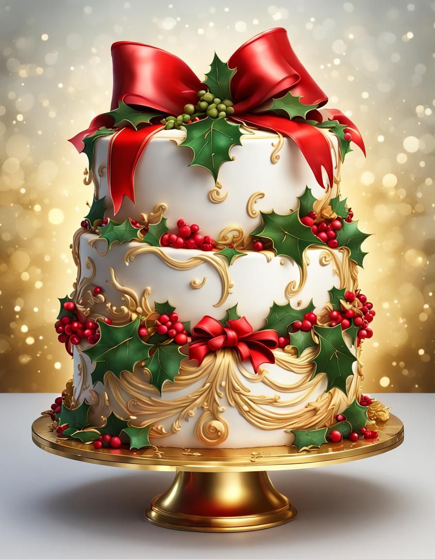Ornate Christmas Cake with Berries and Bow