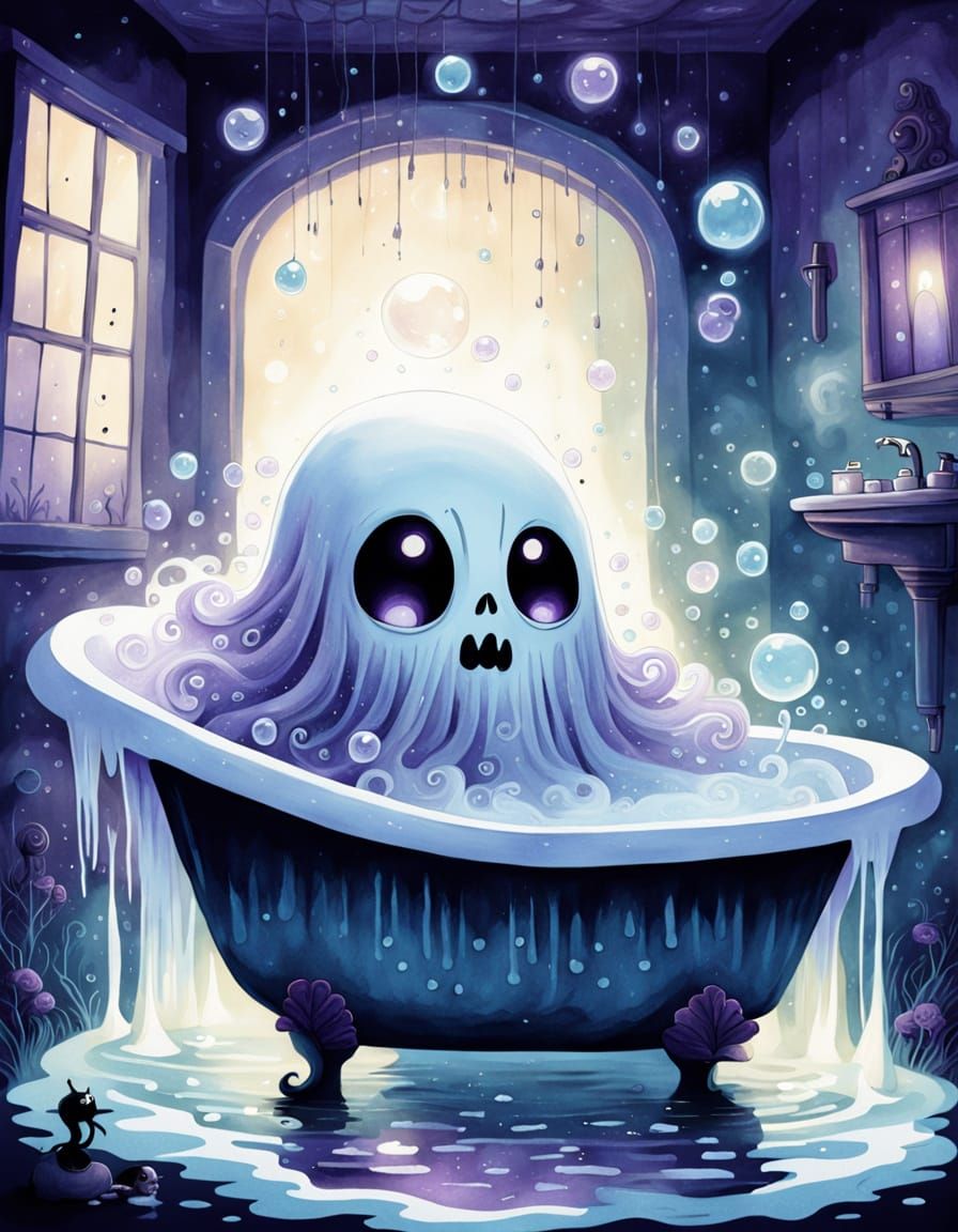 Friendly Ghost Bathing in Spooky Bathtub, Muted Colors