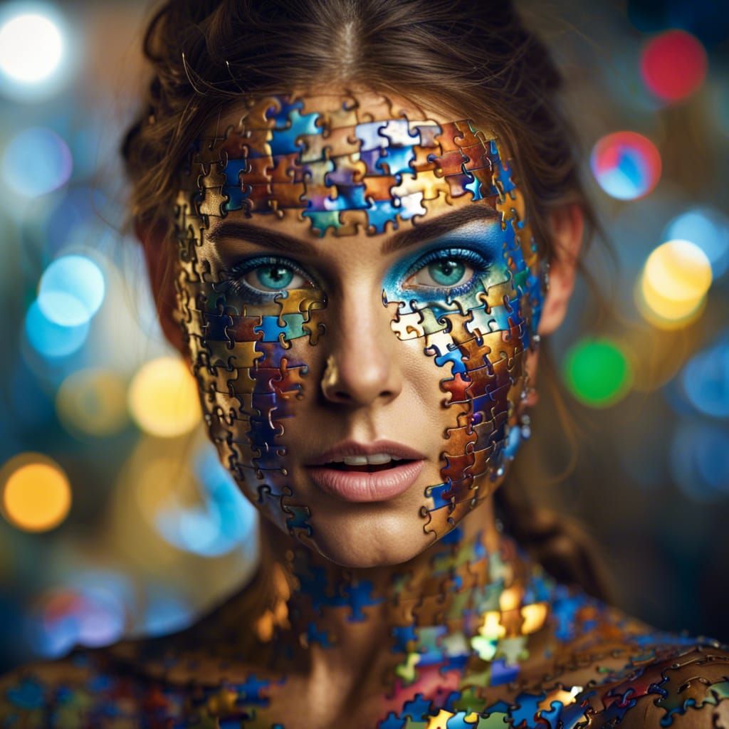 Jigsaw Puzzle Woman: A Photorealistic Fashion Portrait