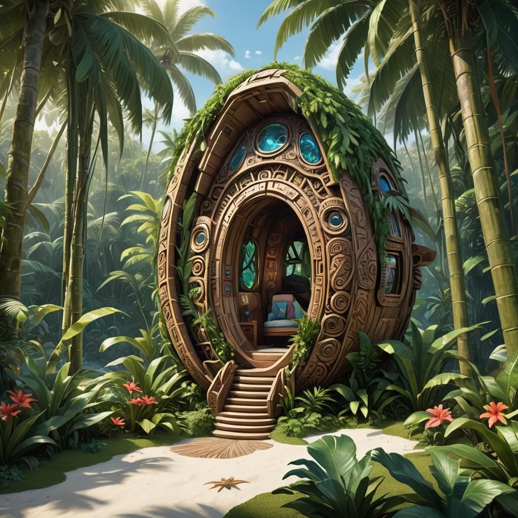 Exotic Tiki Spaceship Lounge on Tropical Beach