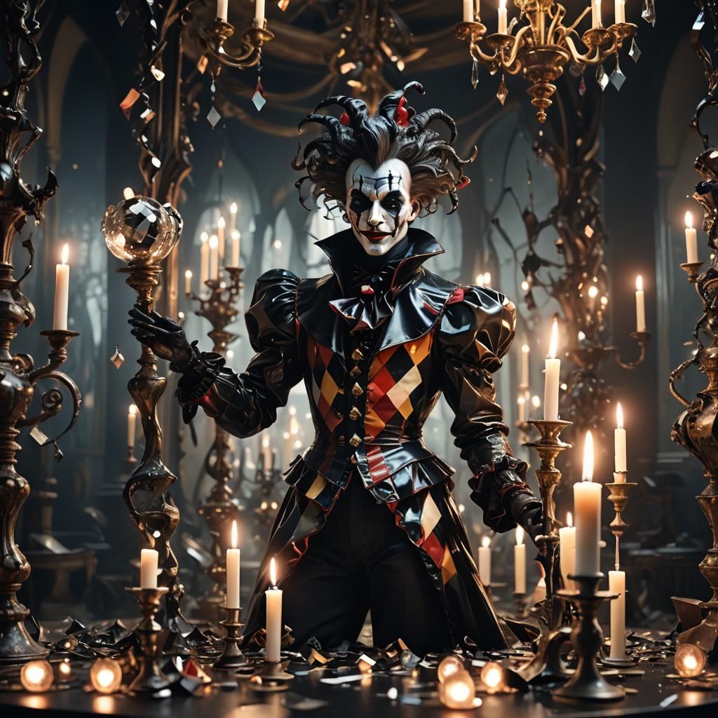Harlequin in Dark Dreamscape with Chiaroscuro Lighting