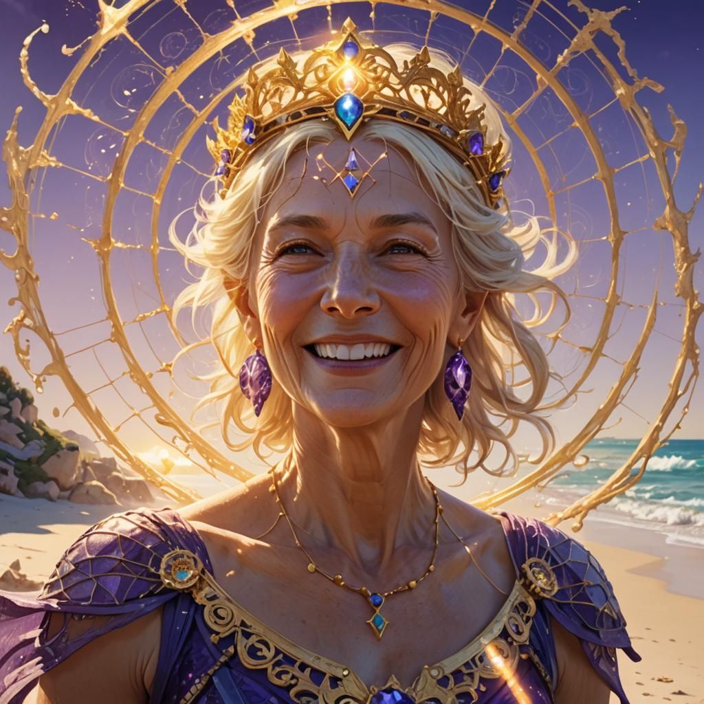 Golden Light Priestess on Sunny Beach in Fantasy Art