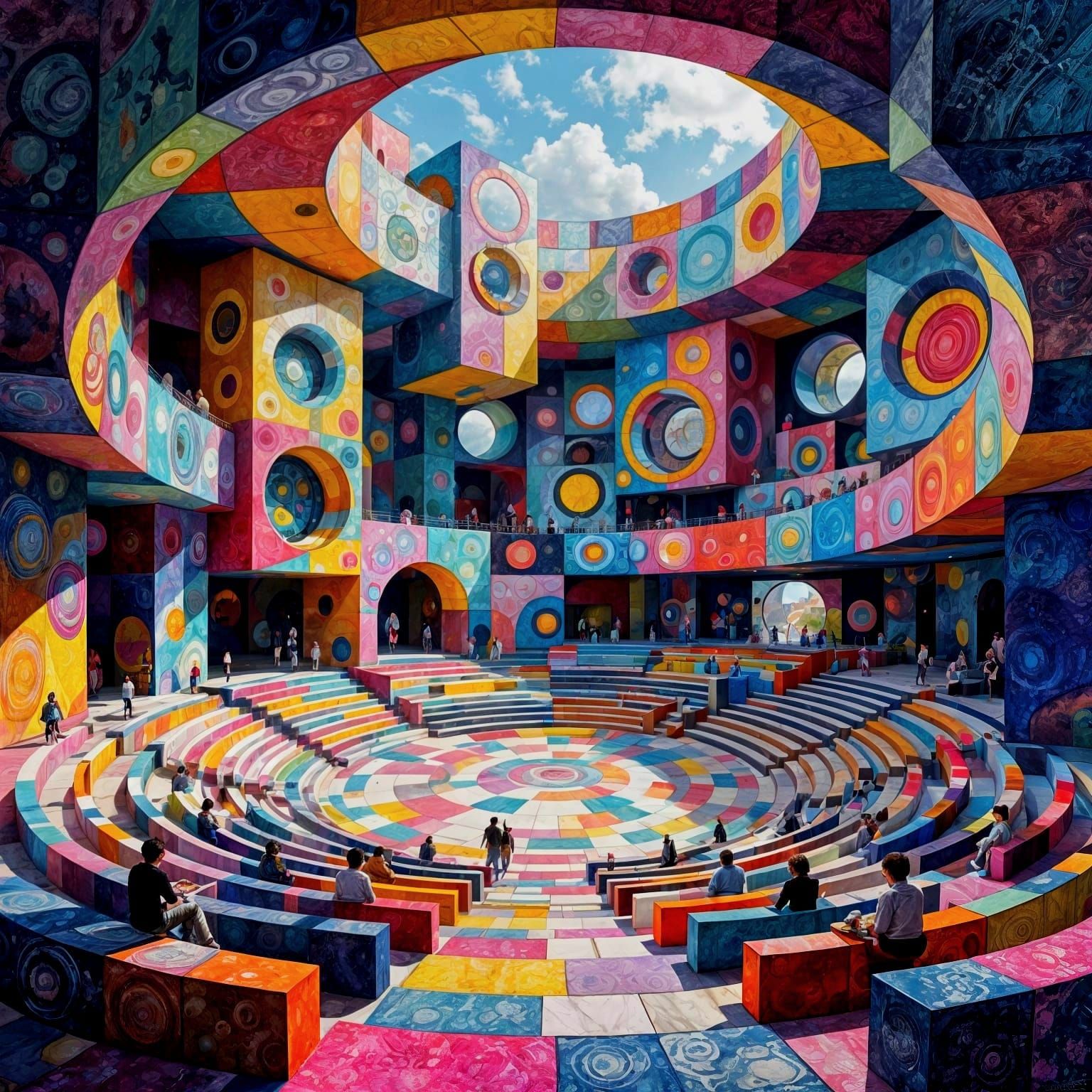 Cubist Amphitheater Sketch in Vibrant Crayon Colors