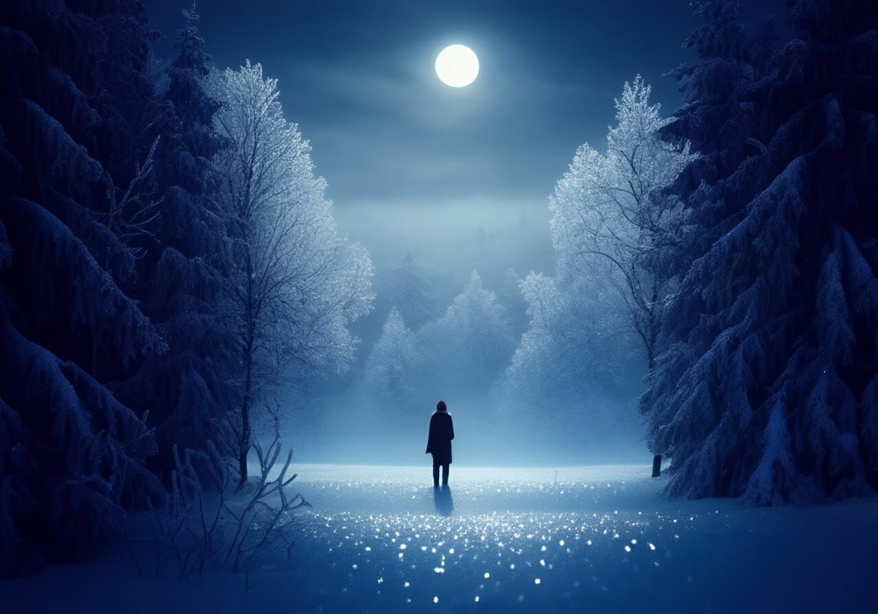 Ethereal Moonlit Figure in a Winter Wonderland
