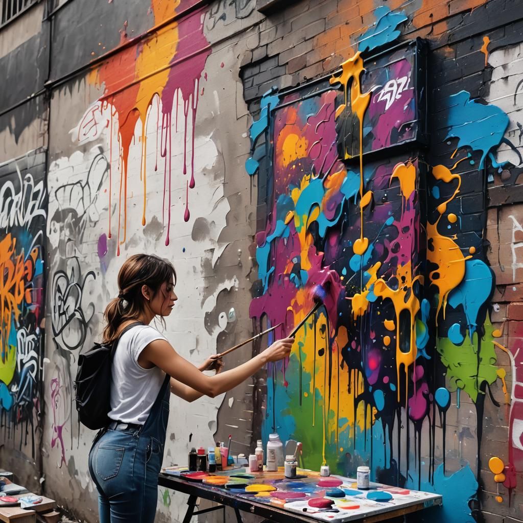 Girl Painting Scenery in Graffiti Art Style