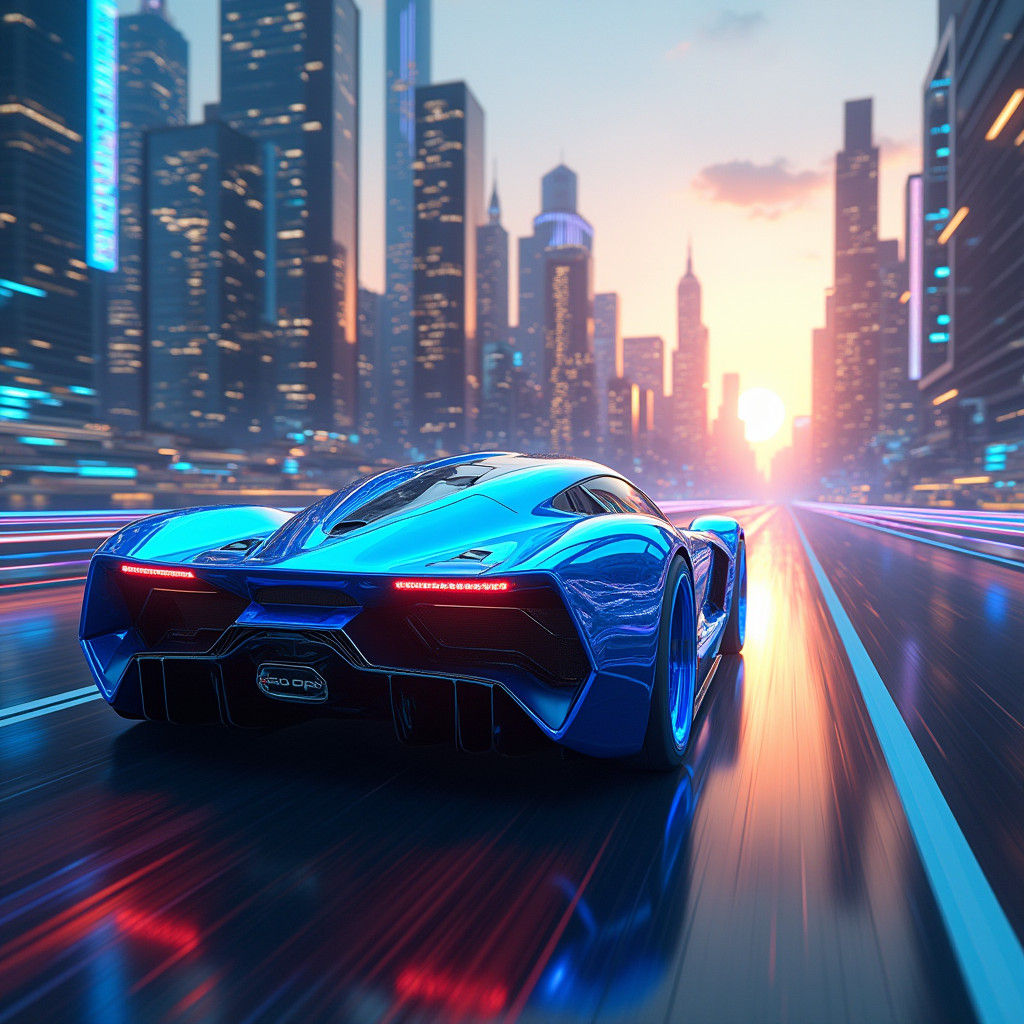 Futuristic Cityscape with Streetracing Car in Cyberpunk Styl...