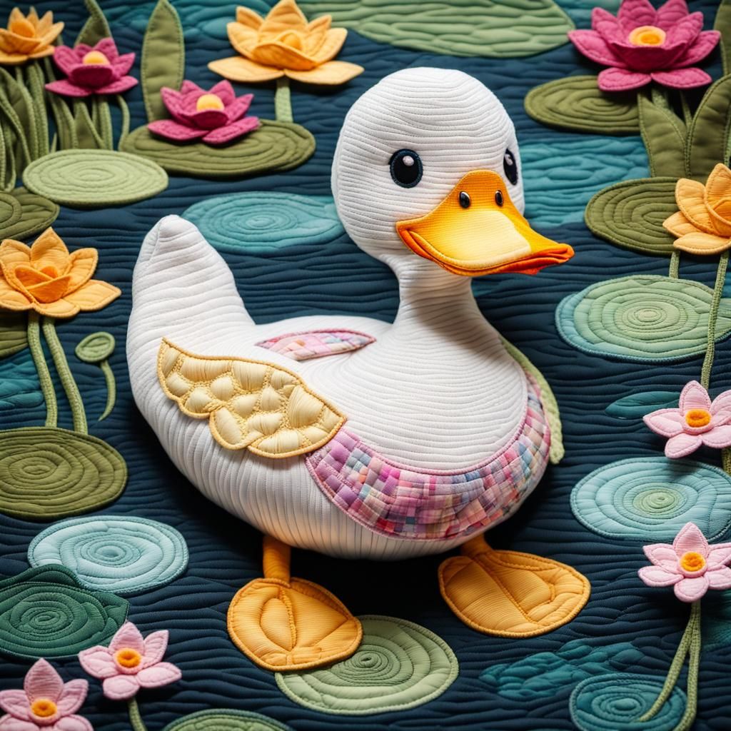 Whimsical Fabric Duck in Enchanted Pond Quilt Art