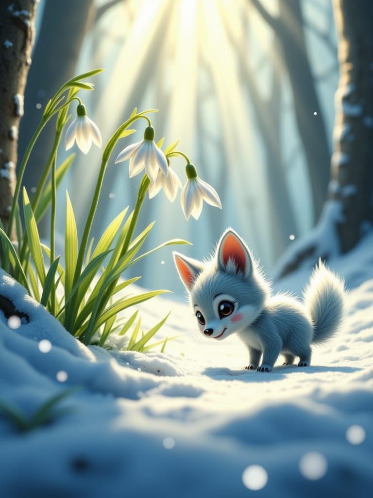 Arctic Fox Kit and Snowdrops in a Luminous Winter Forest