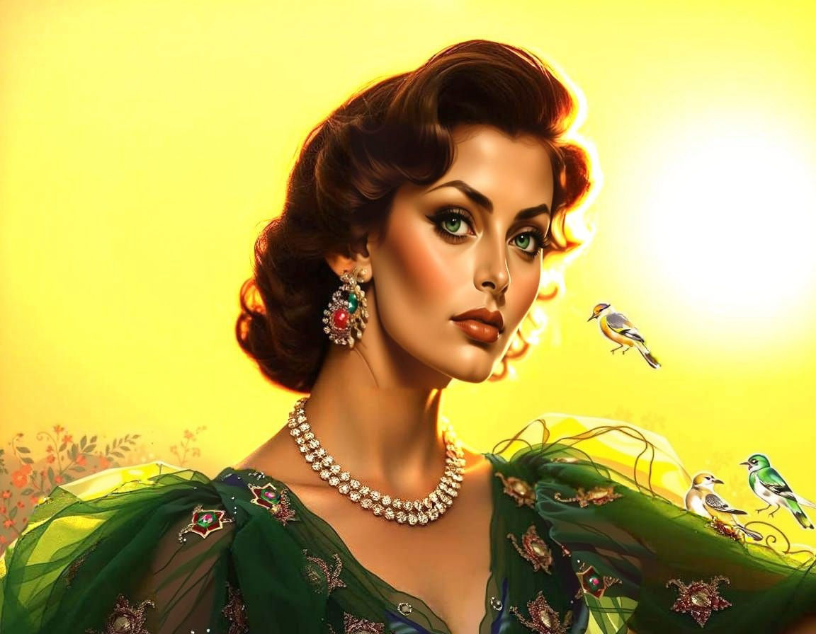 Elegant Sophia Loren in Royal Green Organza Nightdress