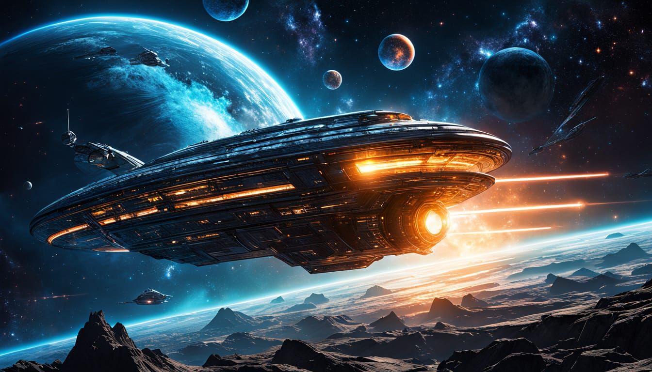 Metallic Starship in Deep Space with Plasma, Sci-Fi Art