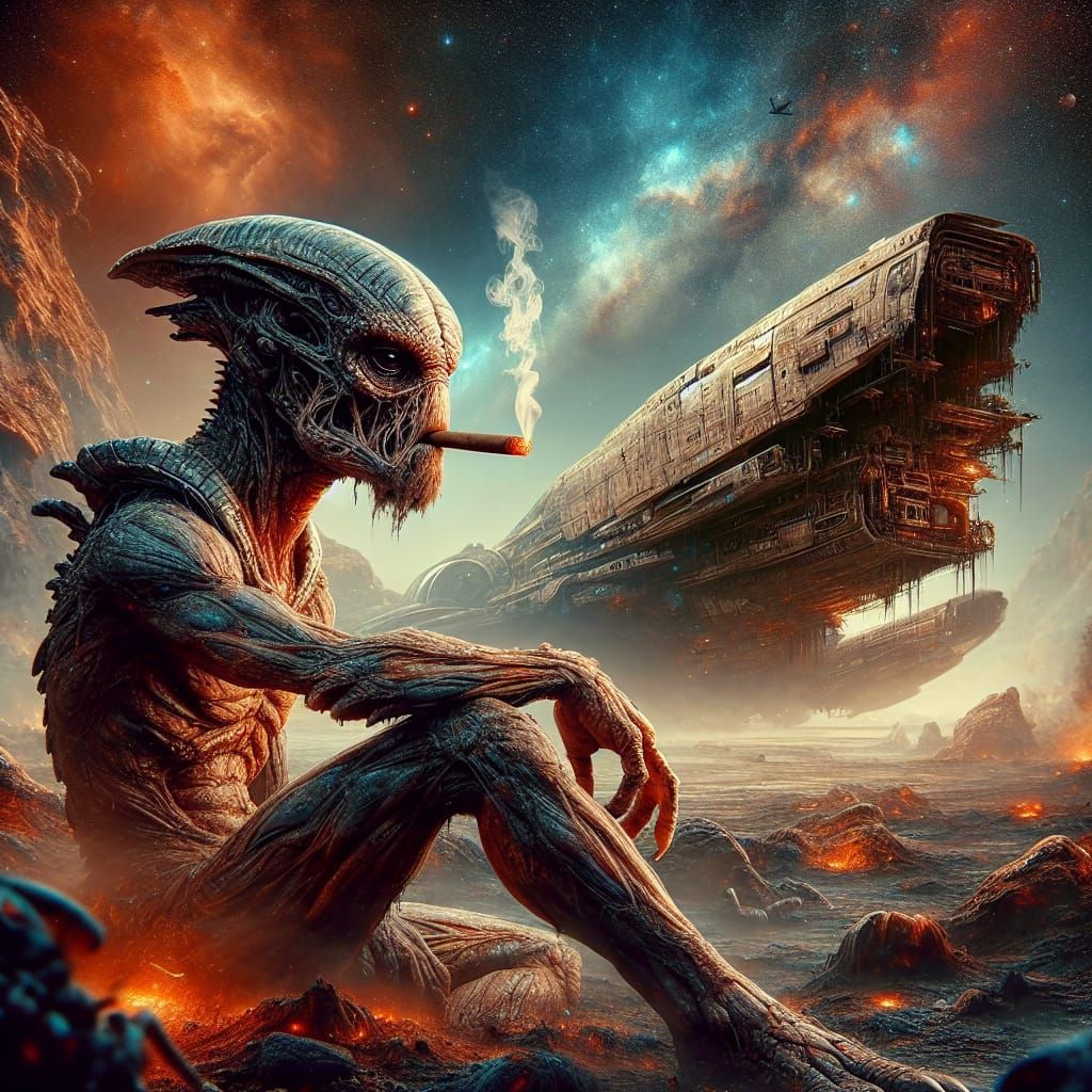 Wounded Dinosaur-Man Smokes on Alien Planet