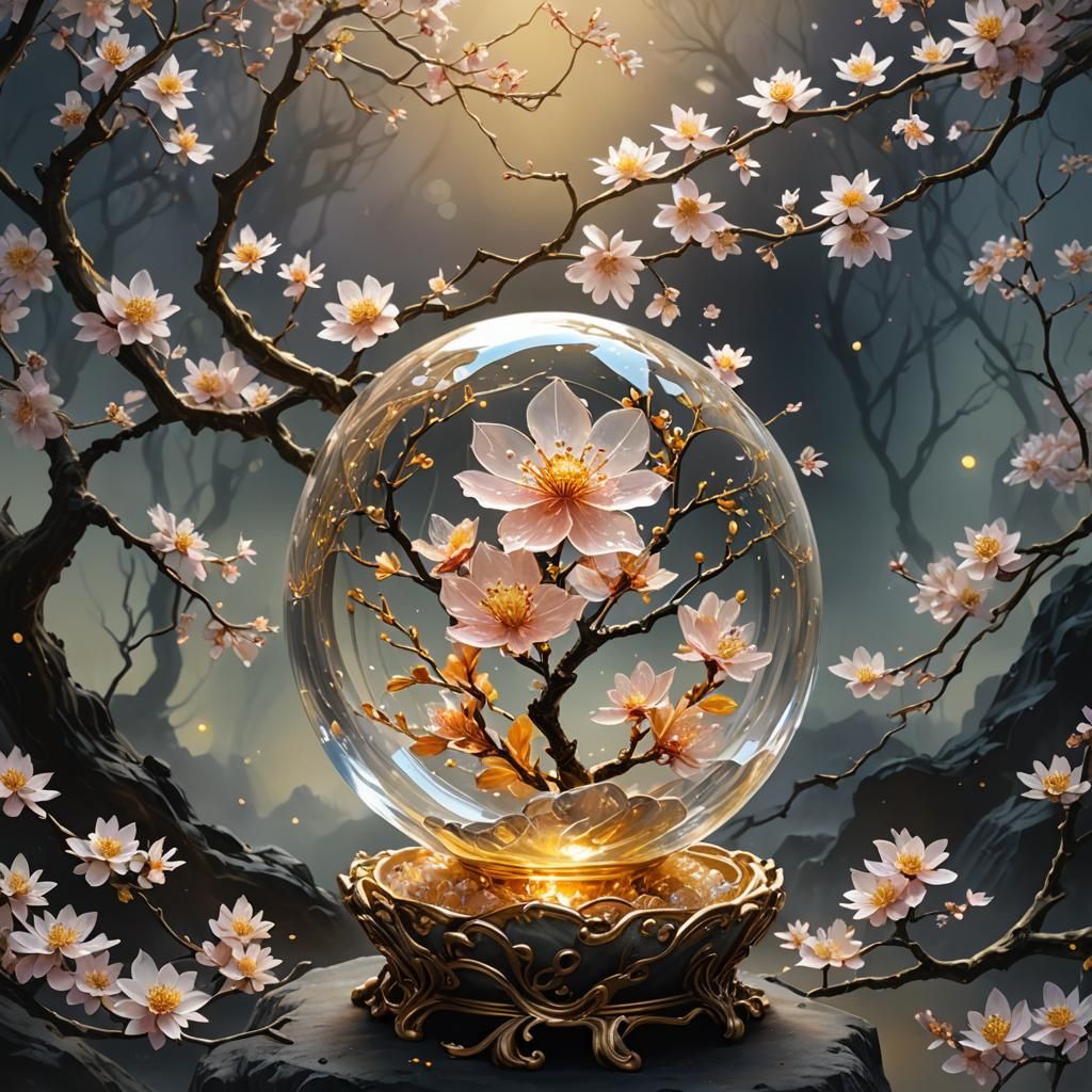 Crystal Sakura Sculpture with Golden Aura