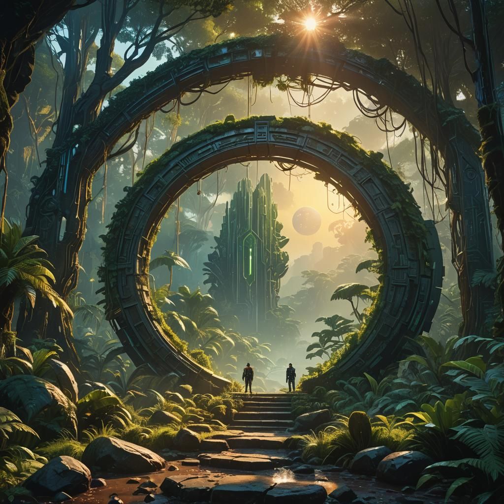 Mystical Jungle Stargate at Sunset: Cinematic Digital Art