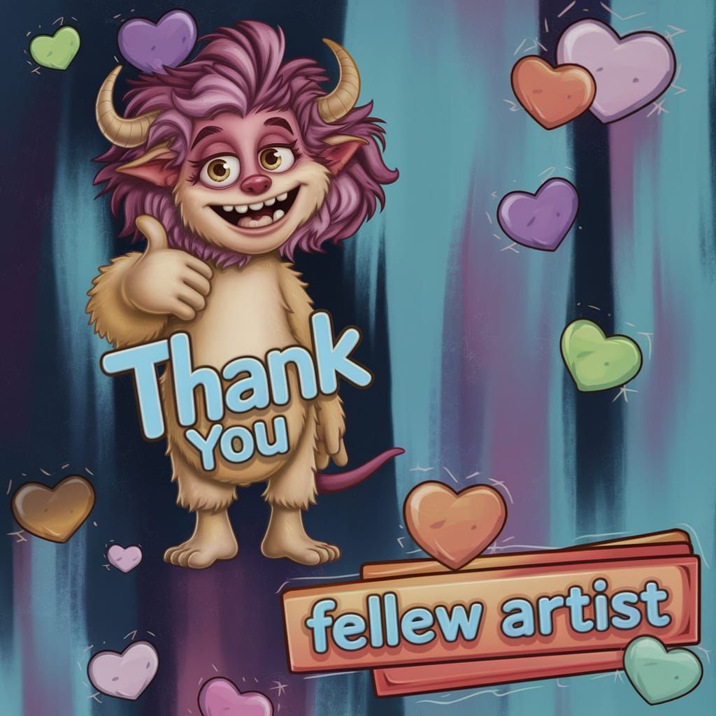 A cuddly, endearing monster with curved horns and a warm, to...