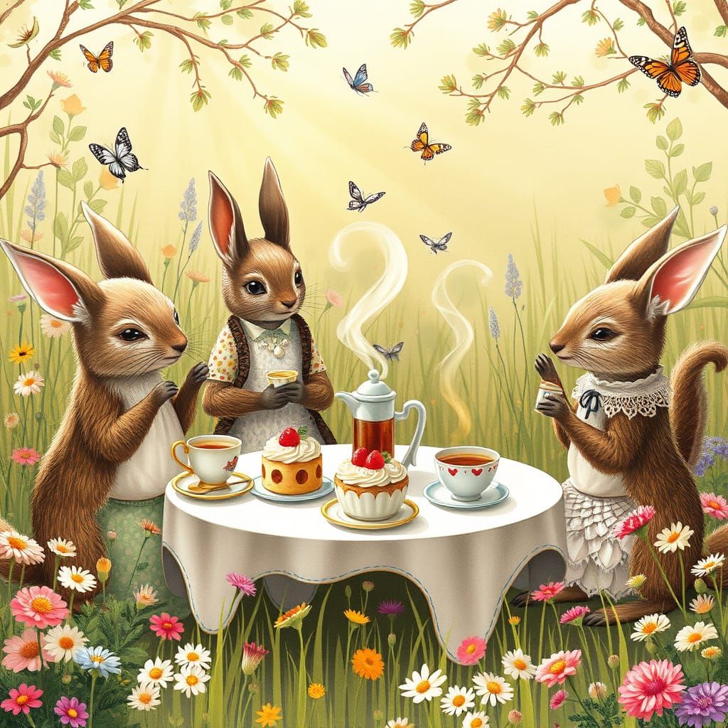 Whimsical Animal Tea Party in Sun-Dappled Meadow