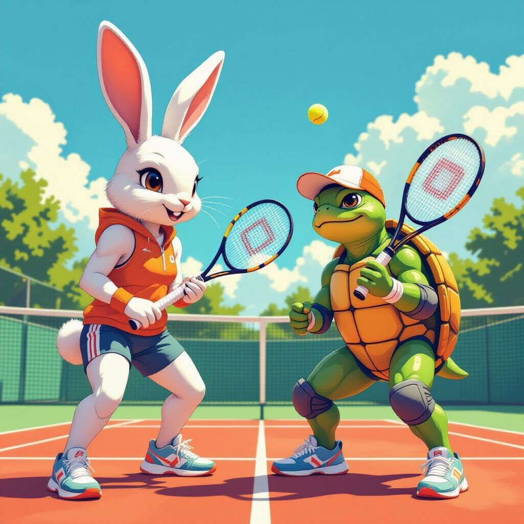 Bunny and Turtle Tennis Match in Loish Style