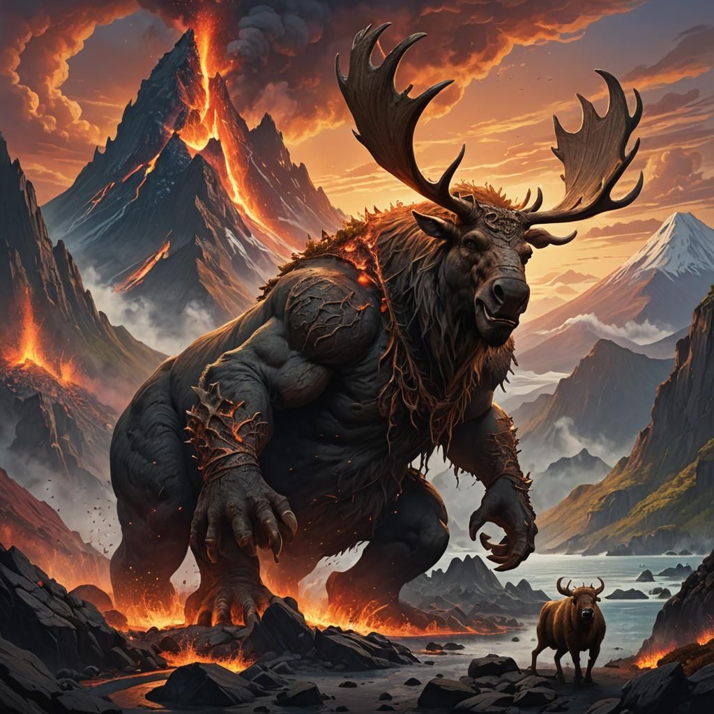 Troll Throws Moose: Fantasy Art Matte Painting