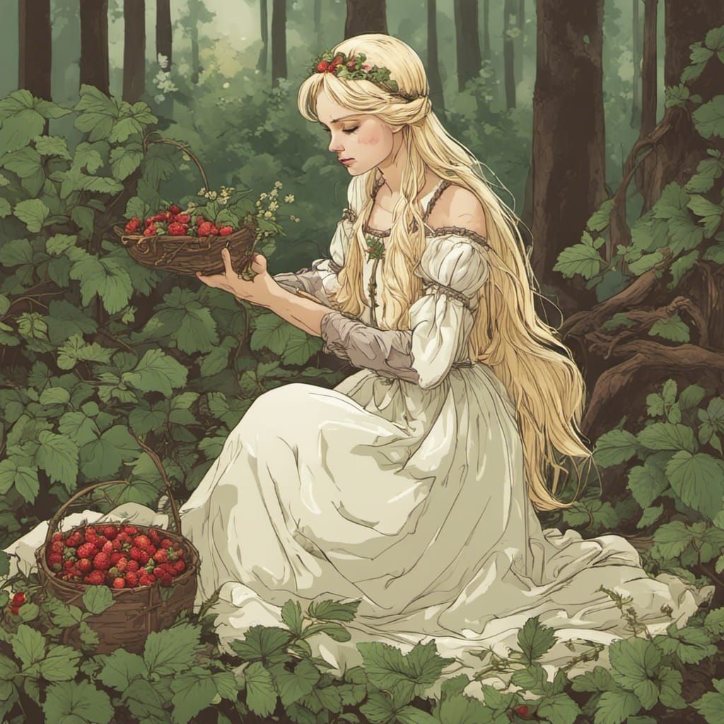 Medieval Princess Gathering Herbs in Forest