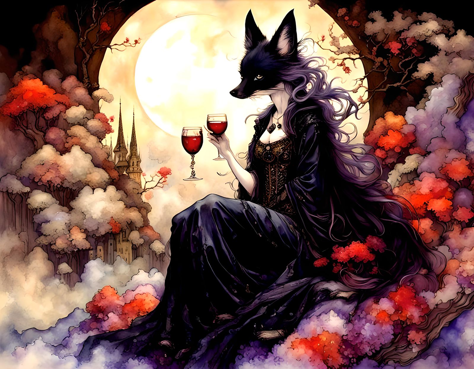 Goth, kitsune, alcohol ink, hyperdetailed, 🦊🧚🏻‍♀️🌝, fant...