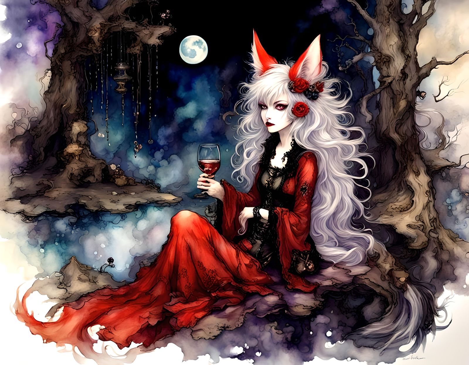 Goth, kitsune, alcohol ink, hyperdetailed, 🦊🧚🏻‍♀️🌝, fant...