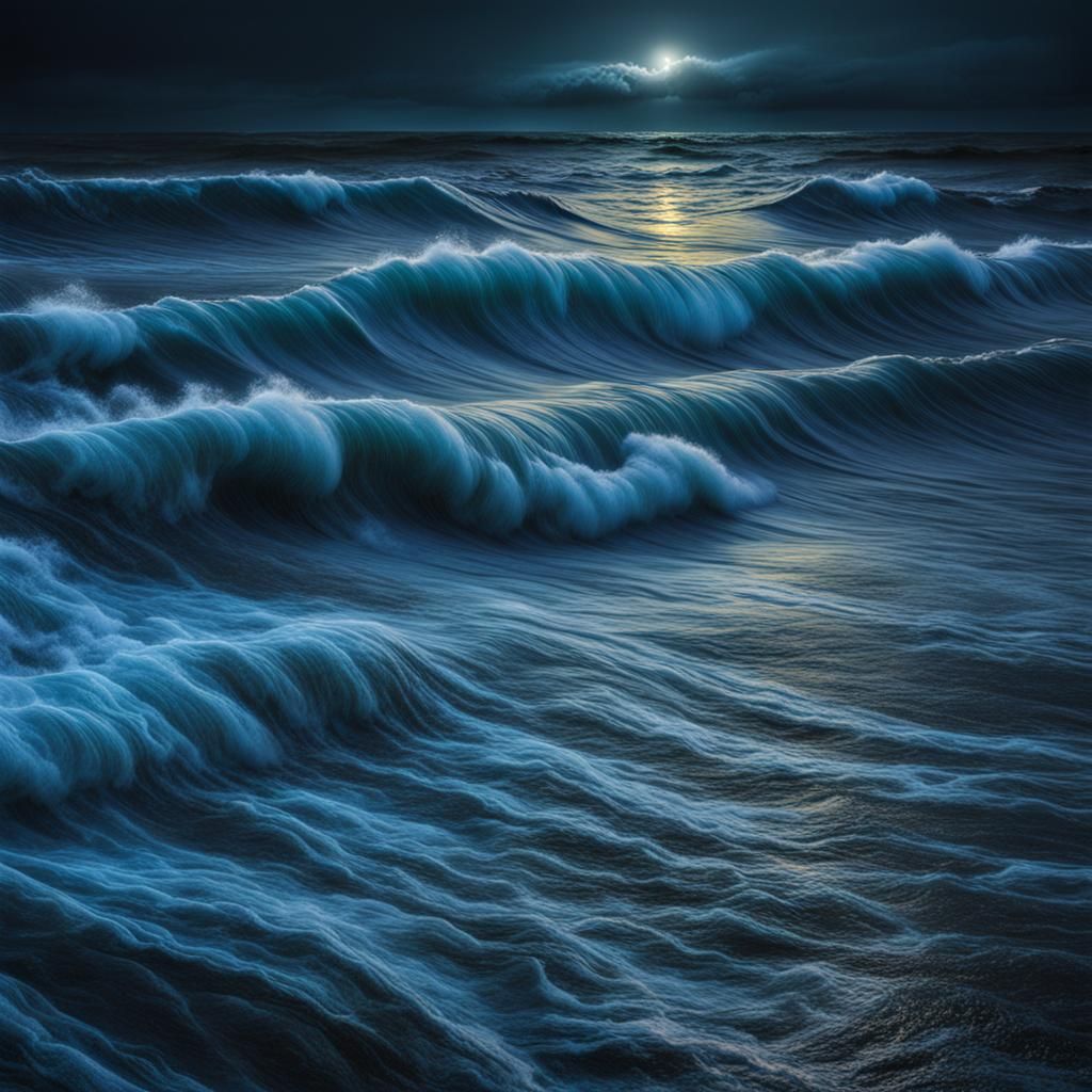 Bioluminescent Ocean Waves at Night: Hyperdetailed HDR