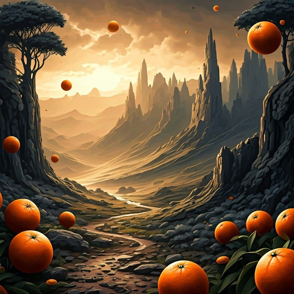 Oranges in Majestic Landscape Oil Painting
