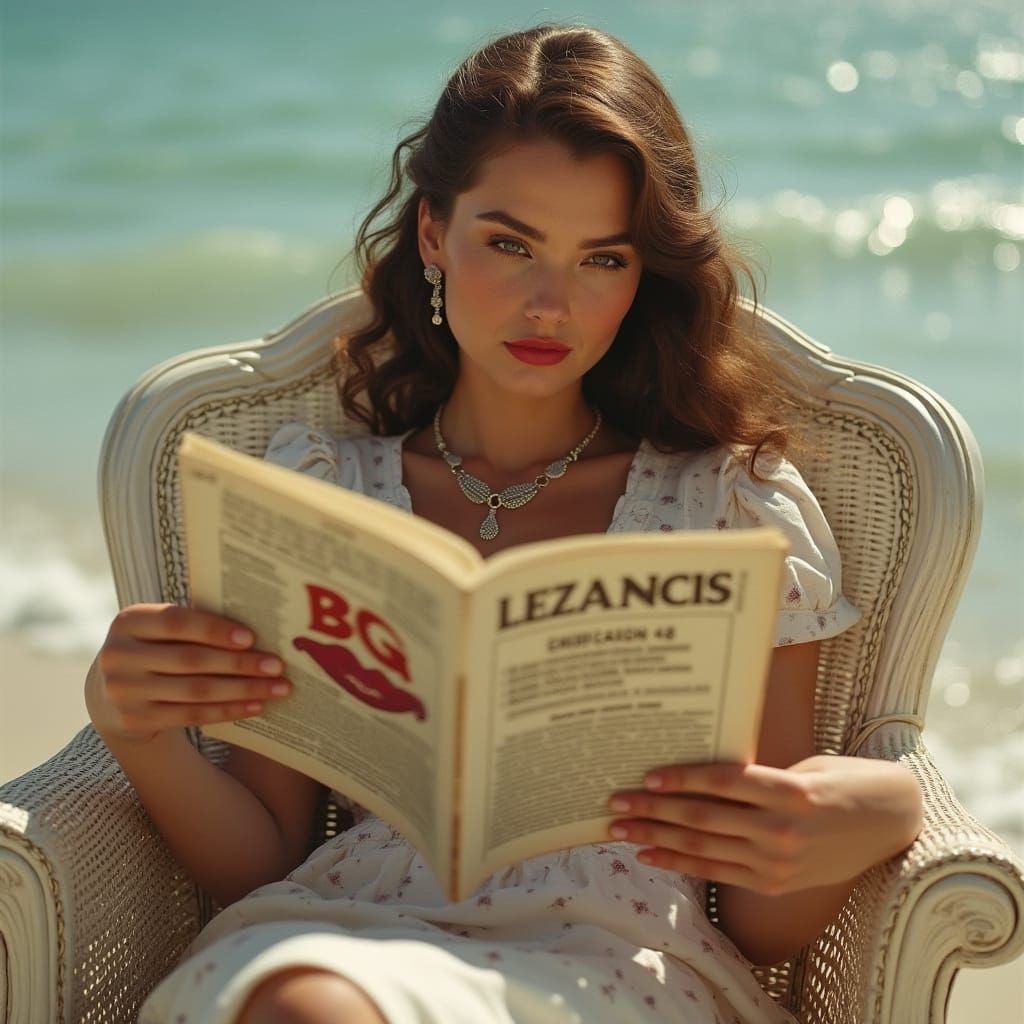 Uma linda mulher de aparência nobre, usa colar com pingente escrito "BG", cerca de 30 anos lendo uma revista antiga escr...