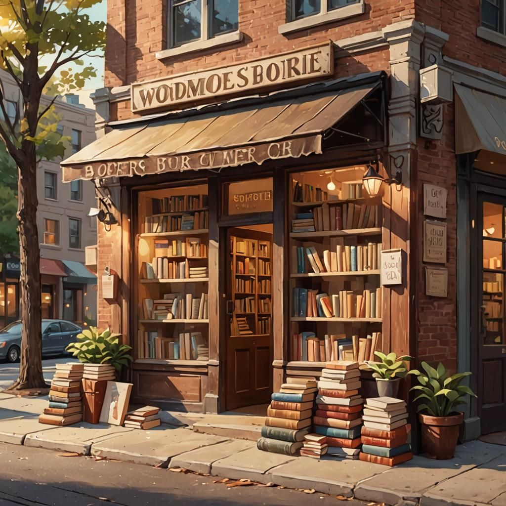 Cozy Bookstore Scene in Warm Golden Light