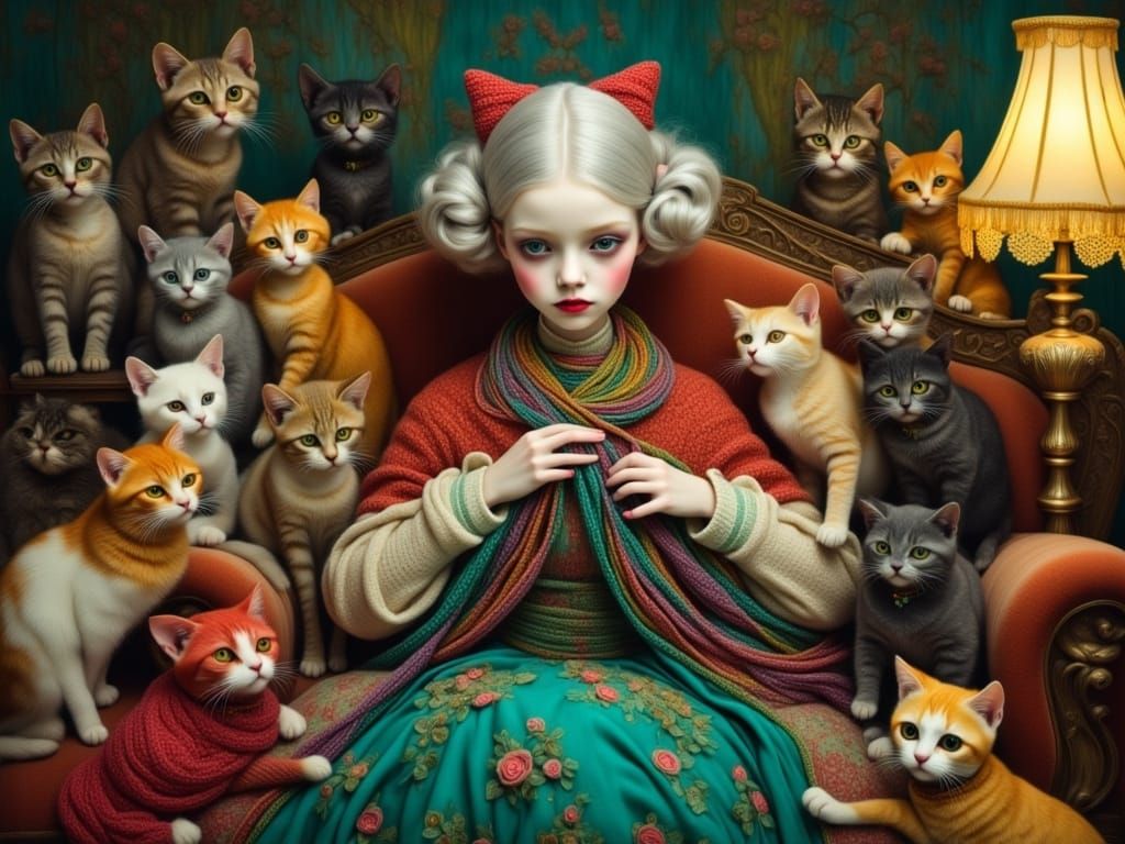 Grandmother Knitting with Cats in Cozy Oil Painting Style