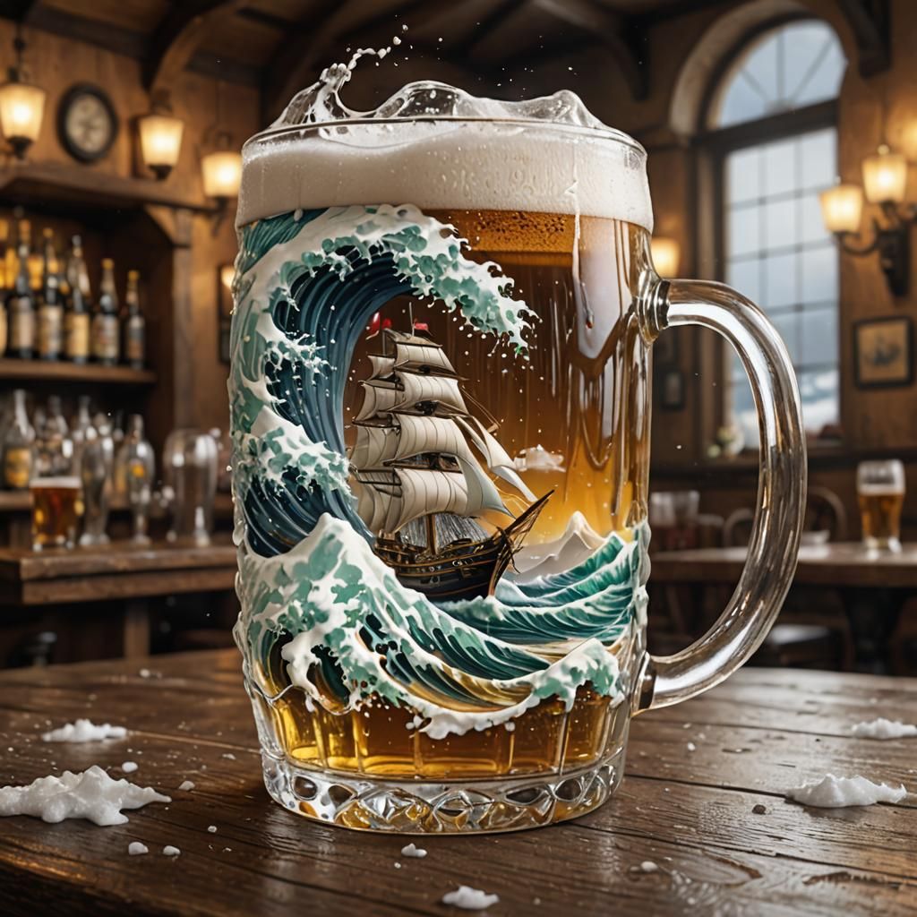 Beer Mug with Ship Sailing on Foam Wave