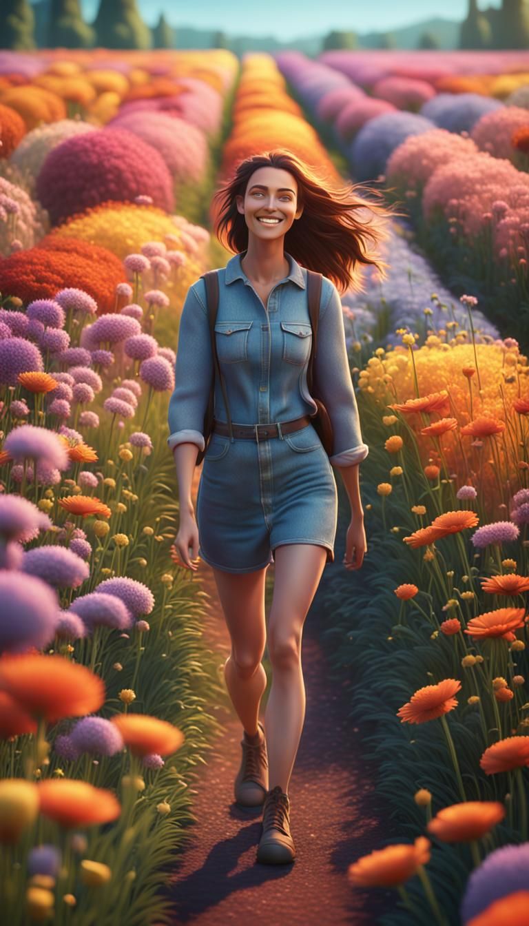 Woman in Flower Field: 3D Digital Art