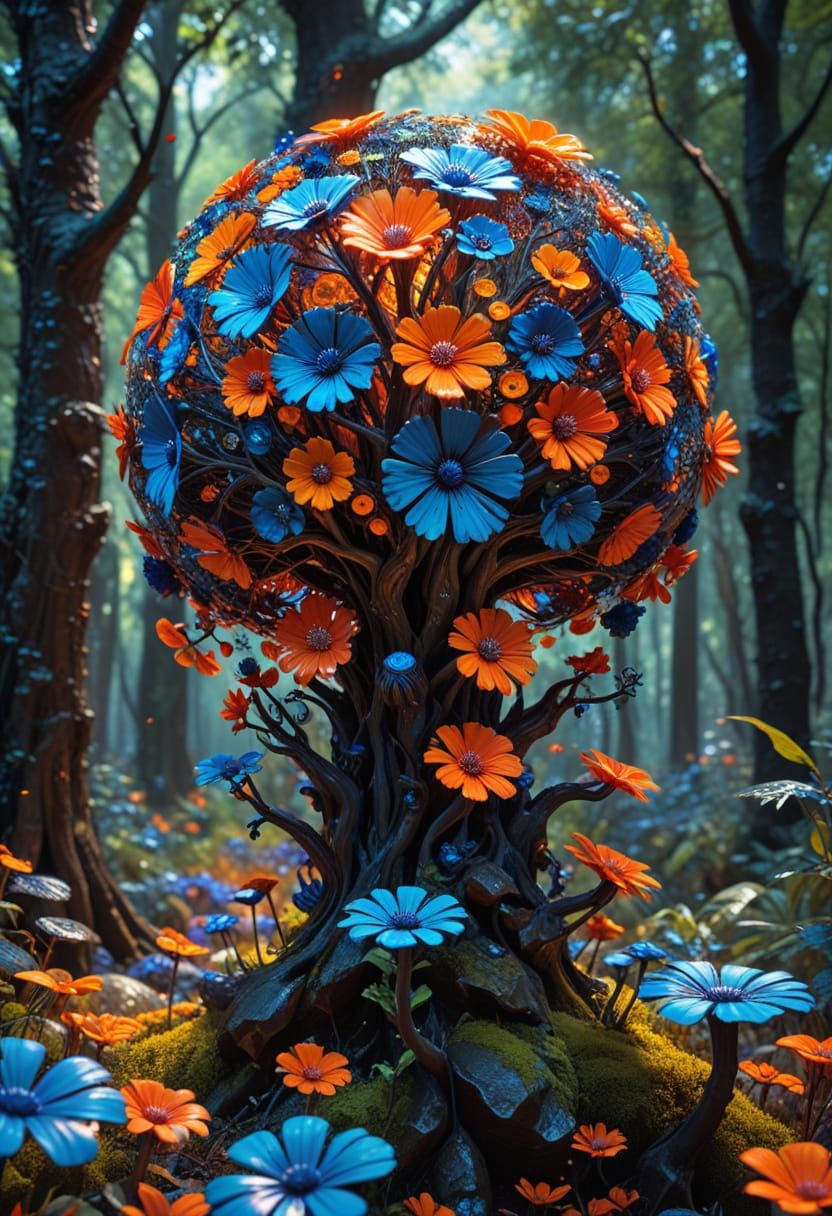 Surreal Pop Art Forest Scene with Vibrant Flowers and Twiste...