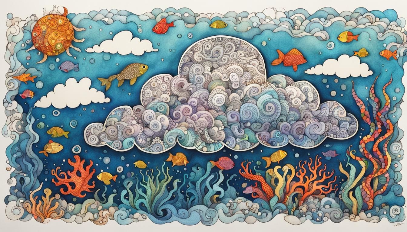 Zentangle Cloud Under the Sea in Colored Ink