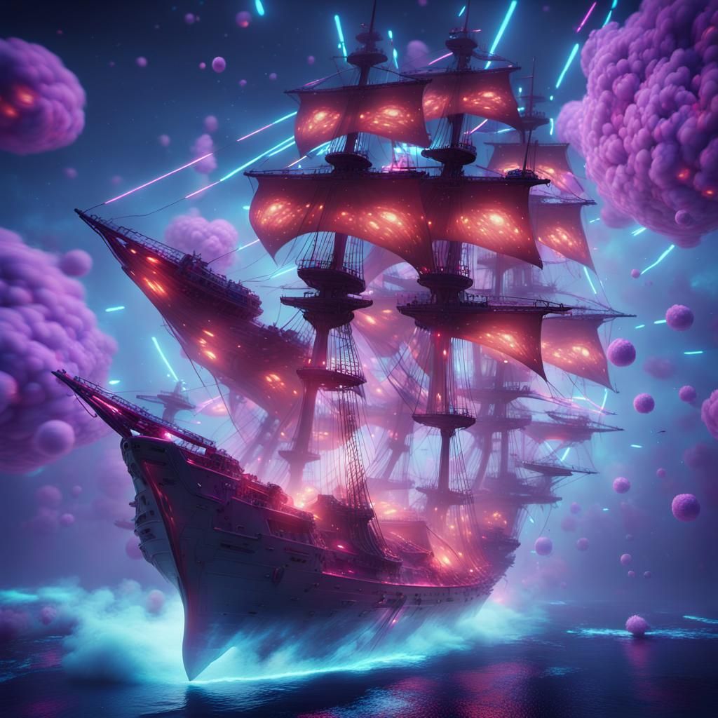 Galleon Man o War Battles Cosmic Horizons in Neon Splendor