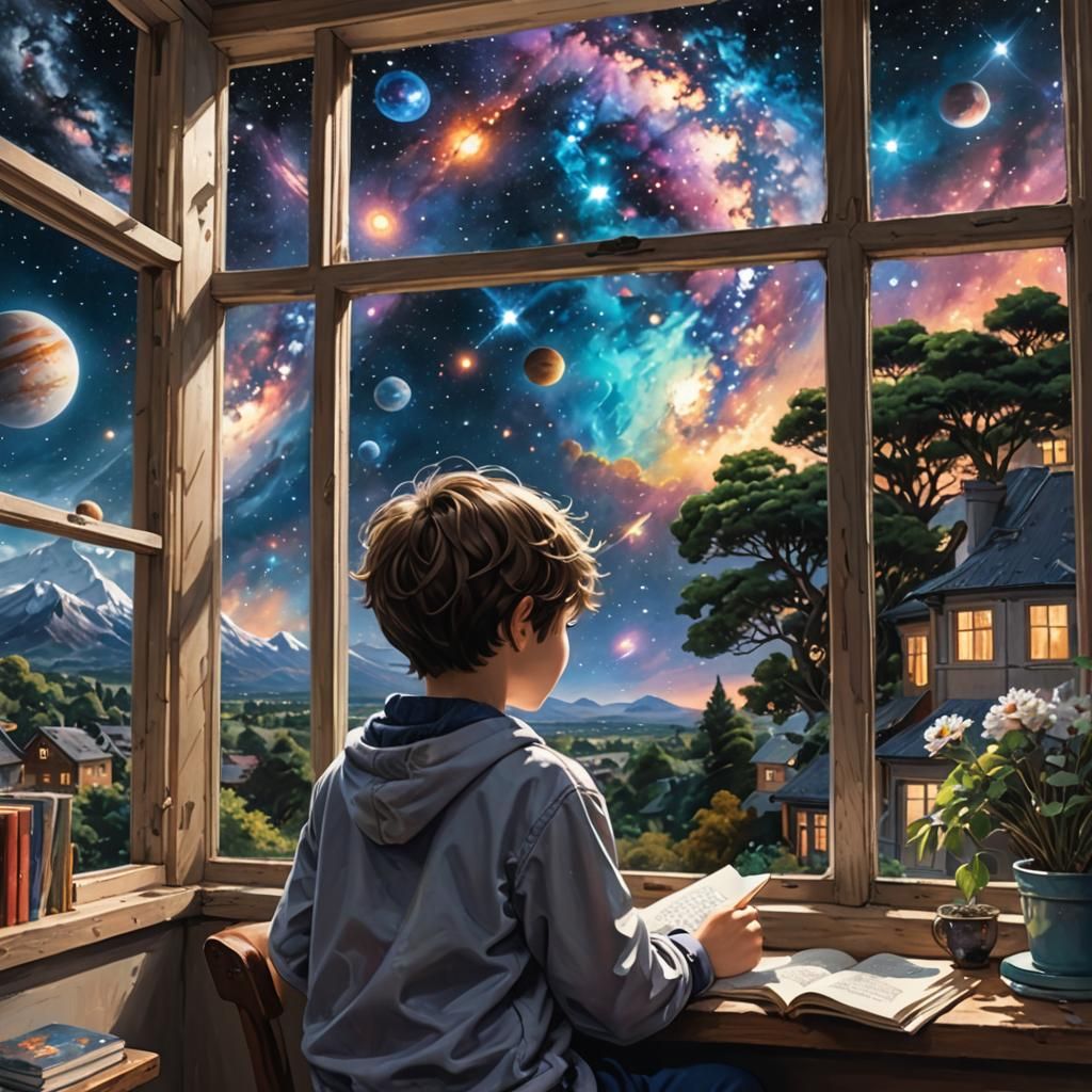 Child Reads Book While Galaxy Appears Outside Window