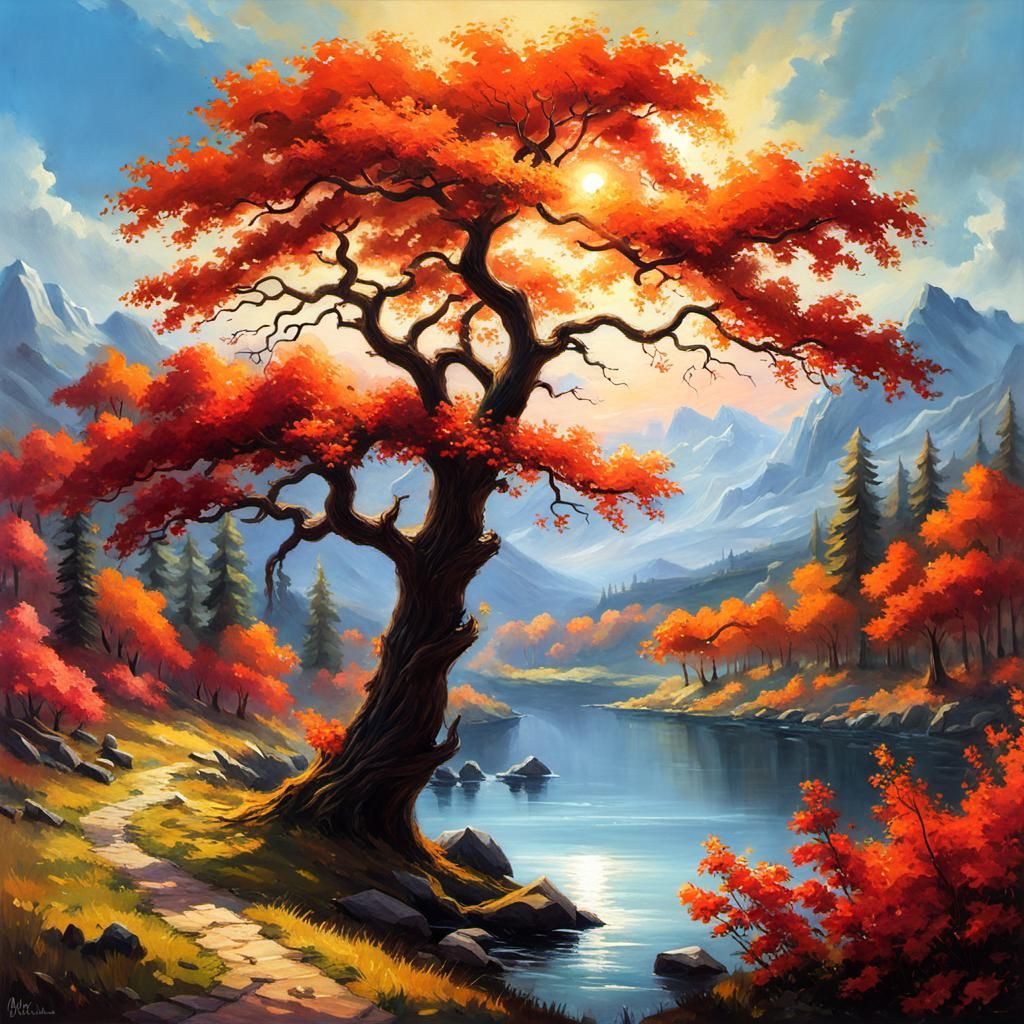 Oak Forest Creek with Flowers as Oil Painting