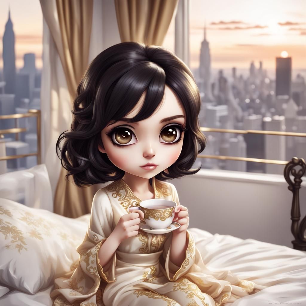 Chibi Woman Enjoying Tea in Elegant Bedroom