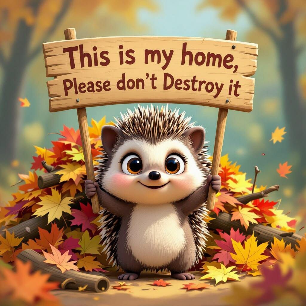 Cute Cartoon Hedgehog Protects Autumn Home