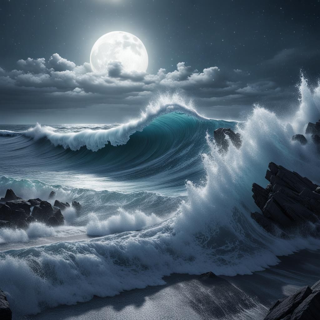 Moonlit Wave Crashing on Shore: Fantasy Concept Art