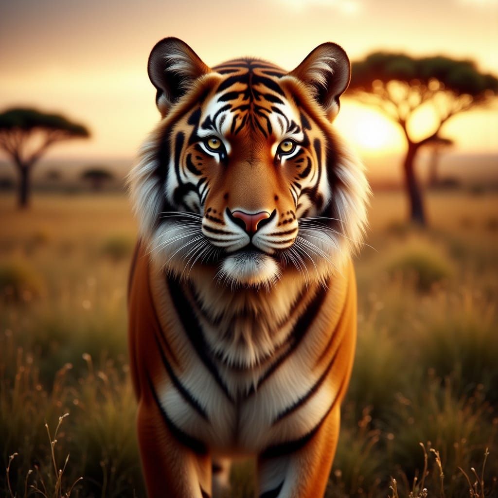 Majestic Tiger in Golden Hour Savanna