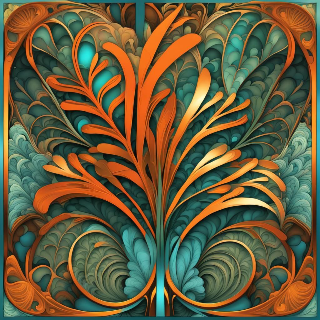 Abstract Fractal Fern Leaves in Art Nouveau and Art Deco