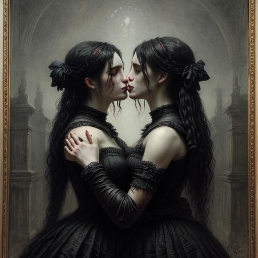 Two goth girls kissing each other
