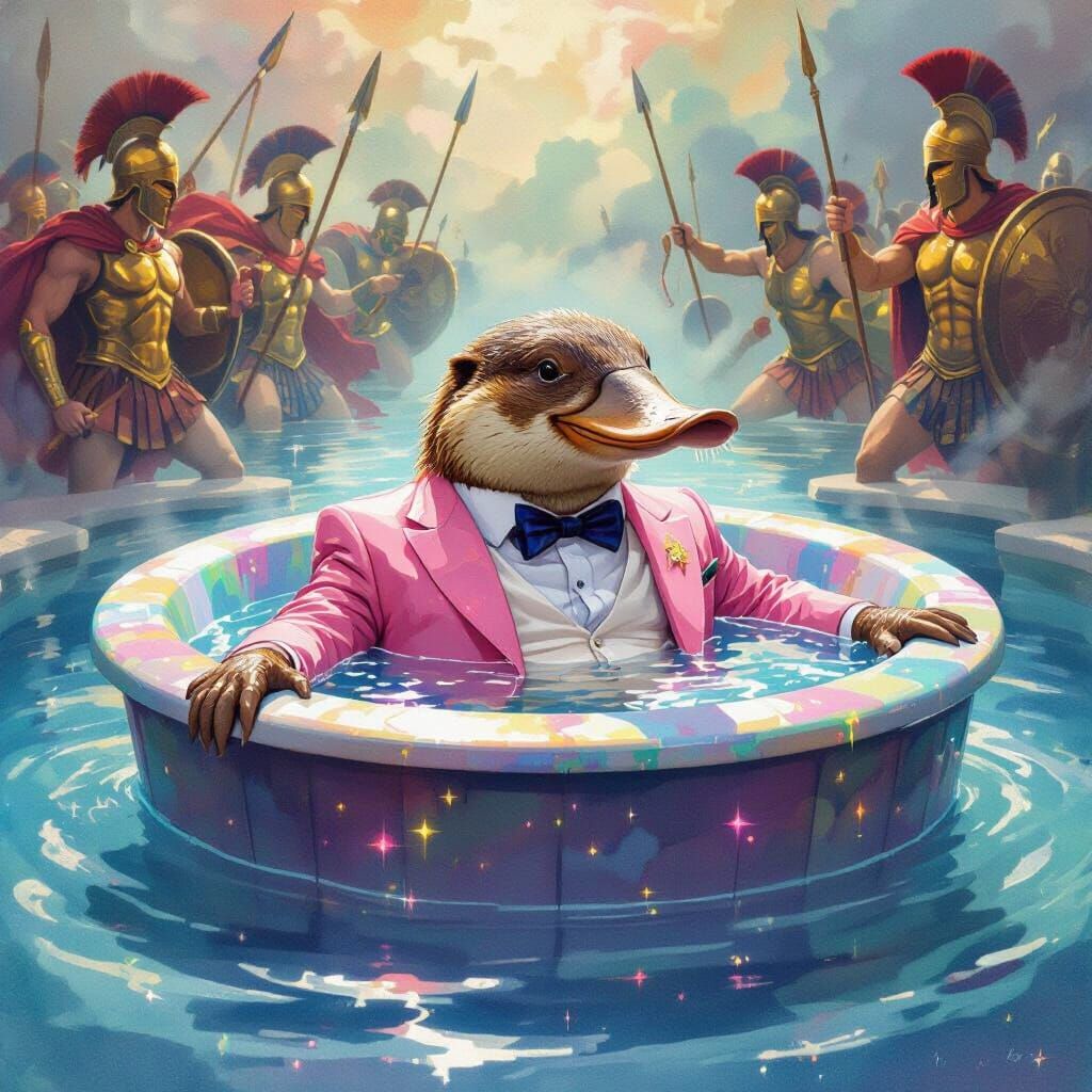 Platypus in Cosmic Suit in Swirling Hot Tub