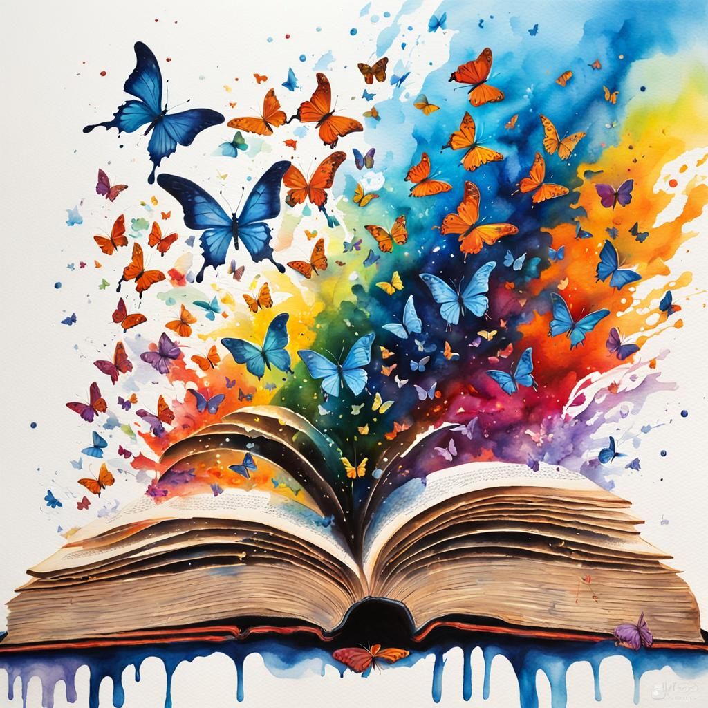 Whimsical Open Book with Butterflies in Watercolor Style